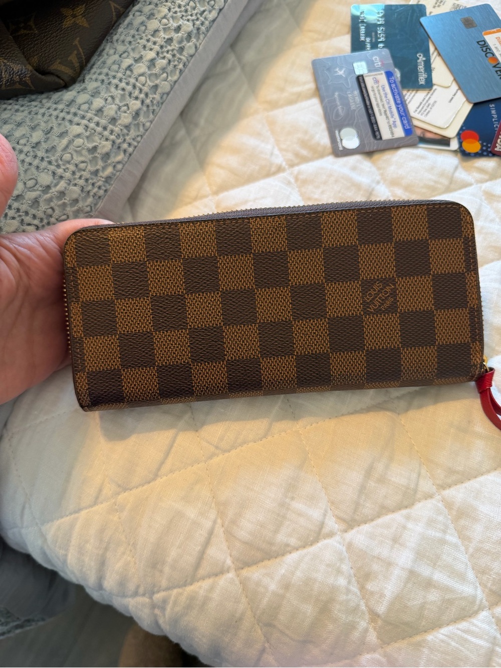 Louis Vuitton Brown Damier Zip Around Wallet with Red Pull